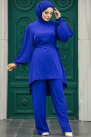 Neva Style - Balon Kol Sax Mavisi Tesettür İkili Takım 5923SX - Thumbnail