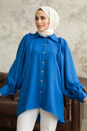 Neva Style - Balon Kol Sax Mavisi Tesettür Tunik 1136SX - NEVA STYLE