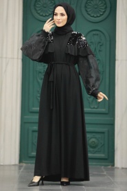 Neva Style - Balon Kol Siyah Abaya Tesettür İkili Takım 31311S - Thumbnail