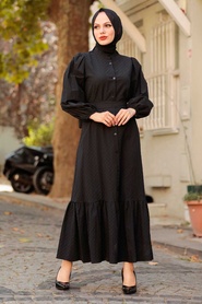 Neva Style - Balon Kol Siyah Tesettür Elbise 2267S - Thumbnail