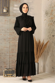 Neva Style - Balon Kol Siyah Tesettür Elbise 2409S - Thumbnail