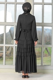 Neva Style - Balon Kol Siyah Tesettür Elbise 27001S - Thumbnail