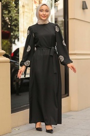 Neva Style - Balon Kol Siyah Tesettür Elbise 5176S - Thumbnail