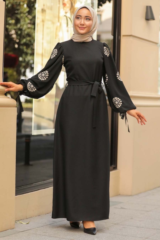 Neva Style - Balon Kol Siyah Tesettür Elbise 5176S - 1