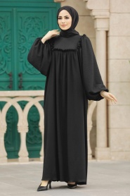 Neva Style - Balon Kol Siyah Tesettür Elbise 5887S - Thumbnail