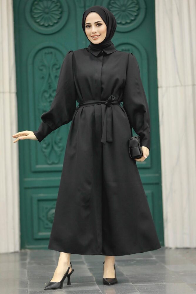 Neva Style - Balon Kol Siyah Tesettür Kap 5885S - 2