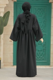 Neva Style - Balon Kol Siyah Tesettür Poplin Elbise 57347S - Thumbnail