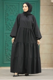 Neva Style - Balon Kol Siyah Tesettür Poplin Elbise 57349S - Thumbnail