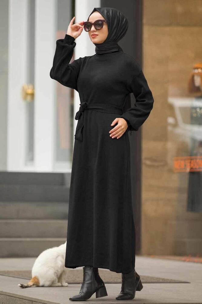 Neva Style - Balon Kol Siyah Tesettür Triko Elbise 15628S - 1
