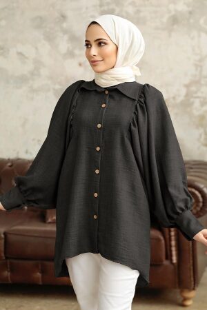 Neva Style - Balon Kol Siyah Tesettür Tunik 1136S - 1