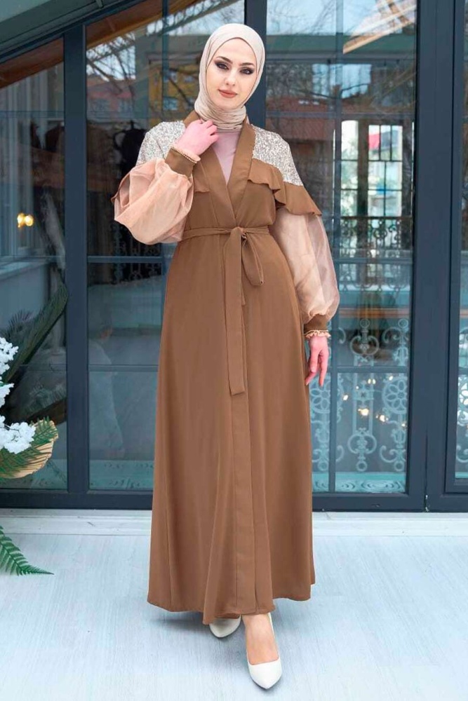 Neva Style - Balon Kol Taba Tesettür Abaya 3467TB - 3