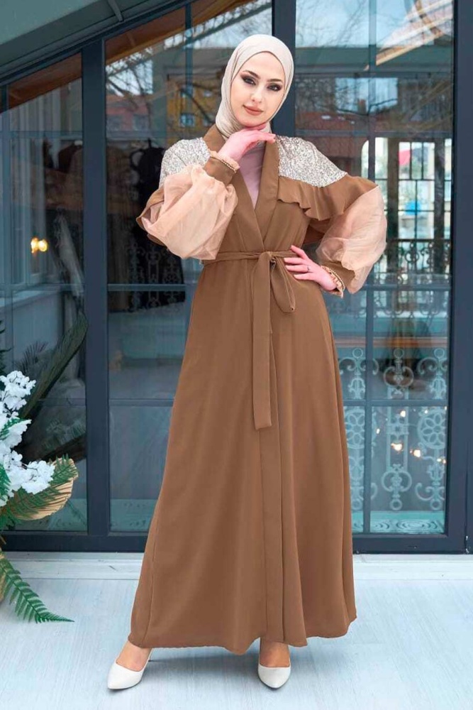 Neva Style - Balon Kol Taba Tesettür Abaya 3467TB - 1