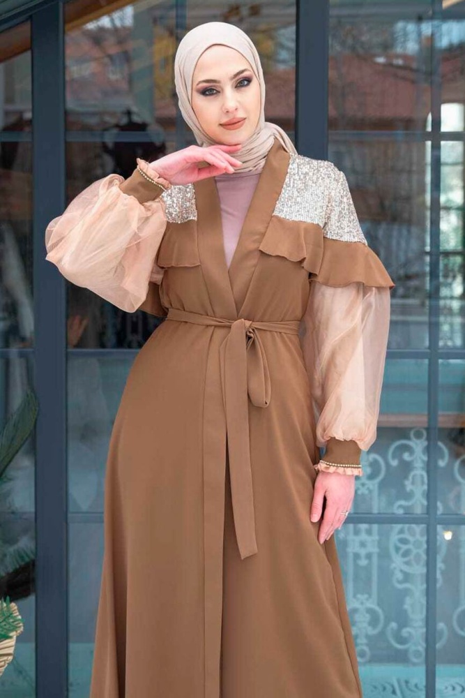 Neva Style - Balon Kol Taba Tesettür Abaya 3467TB - 2