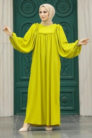 Neva Style - Balon Kol Yağ Yeşili Tesettür Elbise 5887YY - Thumbnail