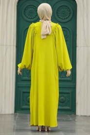 Neva Style - Balon Kol Yağ Yeşili Tesettür Elbise 5887YY - Thumbnail