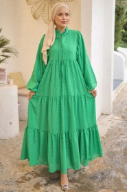 Neva Style - Balon Kol Yeşil Tesettür Elbise 14112Y - Thumbnail