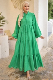 Neva Style - Balon Kol Yeşil Tesettür Elbise 14112Y - Thumbnail