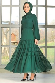 Neva Style - Balon Kol Yeşil Tesettür Elbise 27001Y - Thumbnail