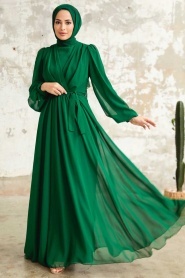 Neva Style - Balon Kol Yeşil Tesettür Elbise 5796Y - Thumbnail
