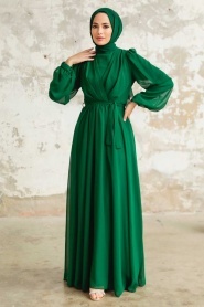 Neva Style - Balon Kol Yeşil Tesettür Elbise 5796Y - Thumbnail