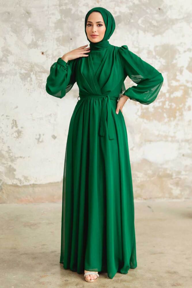 Neva Style - Balon Kol Yeşil Tesettür Elbise 5796Y - 2