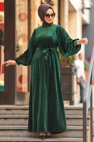 Neva Style - Balon Kol Yeşil Tesettür Kadife Elbise 3274Y - Thumbnail