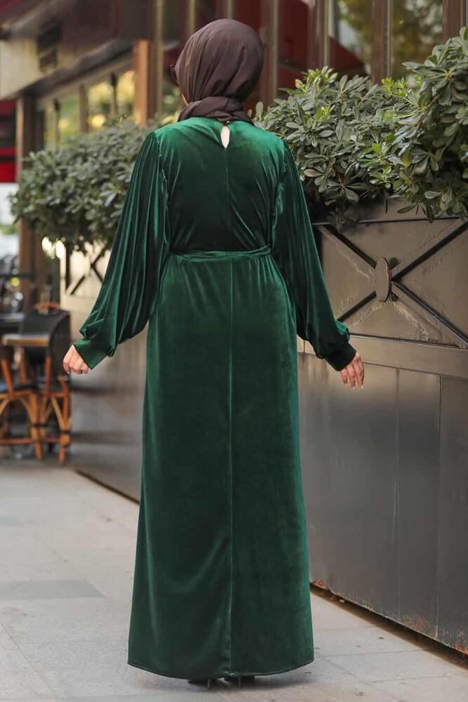 Neva Style - Balon Kol Yeşil Tesettür Kadife Elbise 3274Y - 3