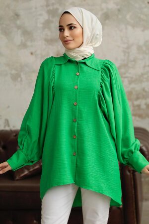 Neva Style - Balon Kol Yeşil Tesettür Tunik 1136Y - 1