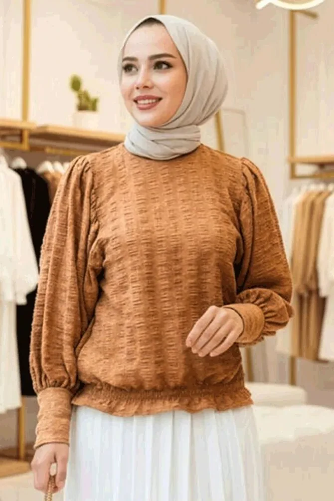 Balon Kollu Camel Tesettür Bluz 24271C - NEVA STYLE