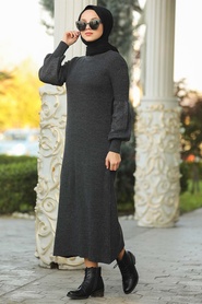 Neva Style - Balon Kollu Füme Tesettür Elbise 42411FU - Thumbnail