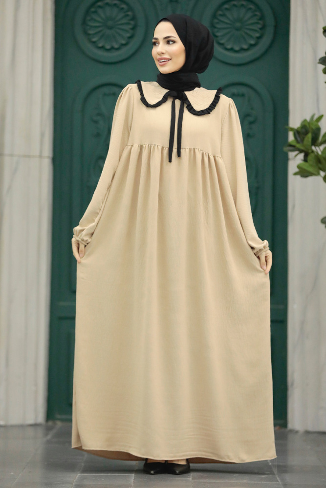  Bebe Yaka Bej Tesettür Poplin Elbise 57344BEJ - 1