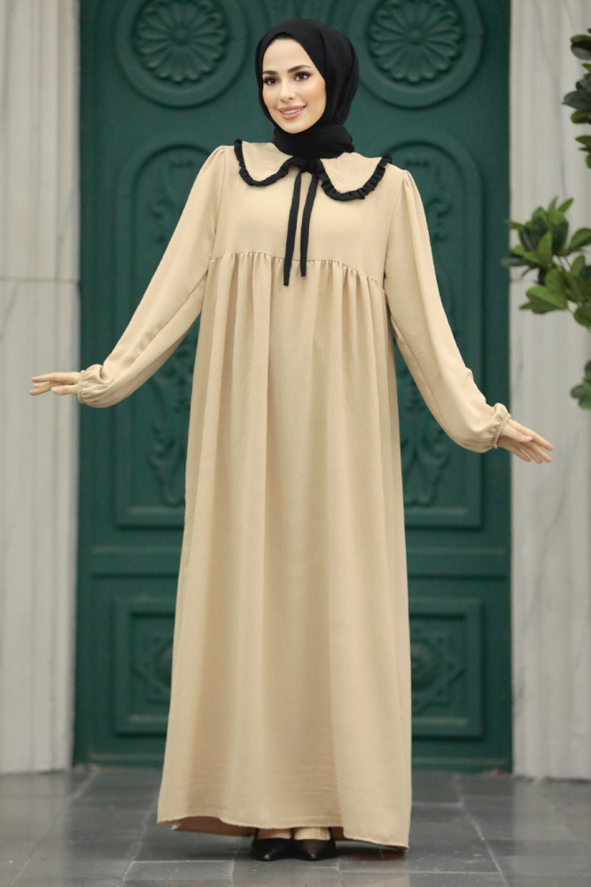  Bebe Yaka Bej Tesettür Poplin Elbise 57344BEJ - 2