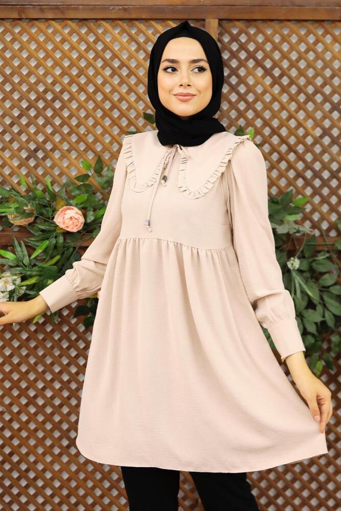 Neva Style - Bebe Yaka Bej Tesettür Tunik 556BEJ - NEVA STYLE