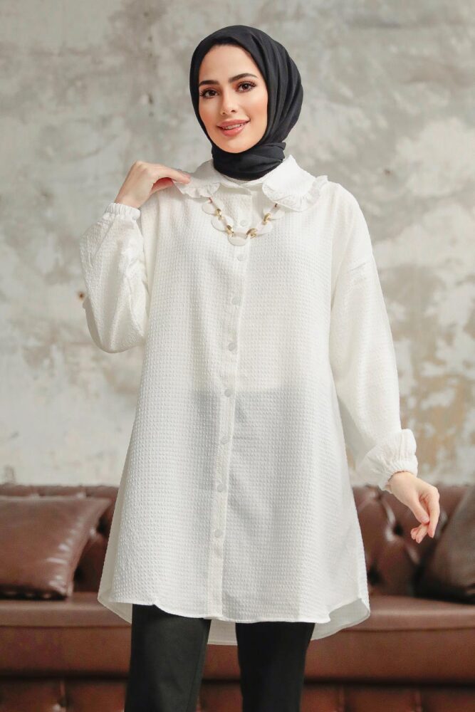 Neva Style - Bebe Yaka Beyaz Tesettür Gömlek 1114B - NEVA STYLE