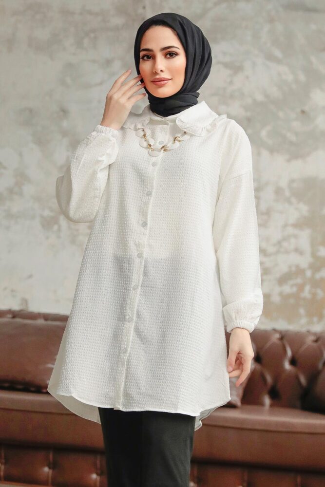 Neva Style - Bebe Yaka Beyaz Tesettür Gömlek 1114B - 2