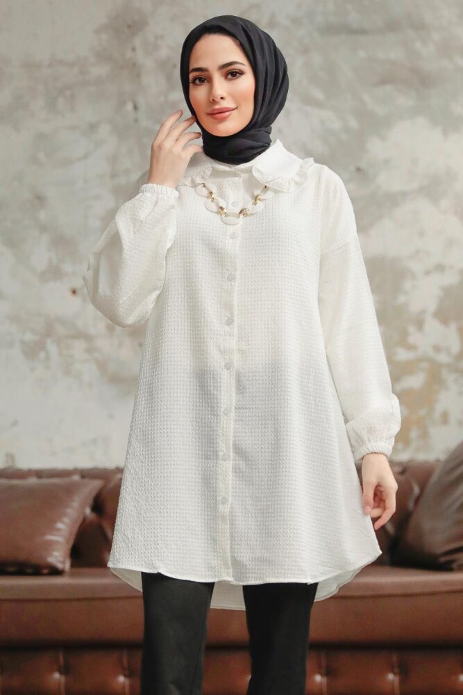 Neva Style - Bebe Yaka Beyaz Tesettür Gömlek 1114B - 3
