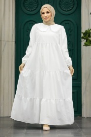 Neva Style - Bebe Yaka Beyaz Tesettür Poplin Elbise 57343B - Thumbnail