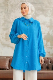 Neva Style - Bebe Yaka İndigo Mavisi Tesettür Gömlek 1114IM - Thumbnail