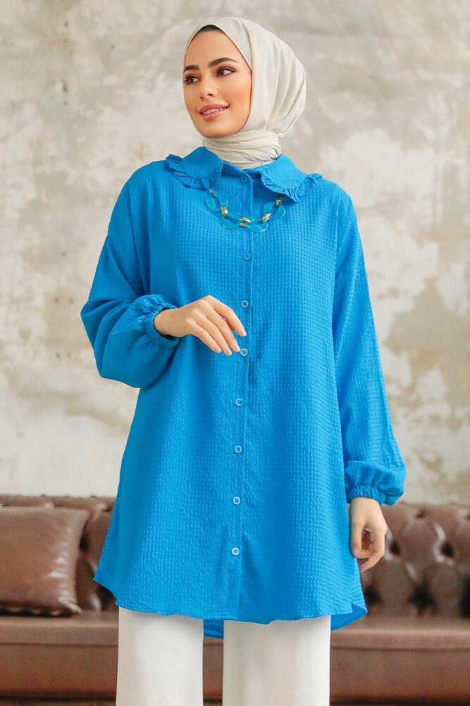 Neva Style - Bebe Yaka İndigo Mavisi Tesettür Gömlek 1114IM - 1