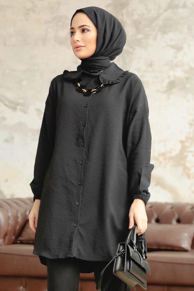 Neva Style - Bebe Yaka Siyah Tesettür Gömlek 1114S - 1