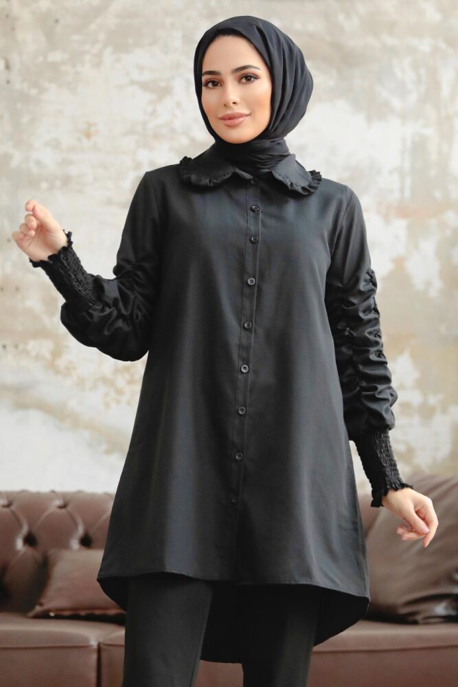 Neva Style - Kolları Büzgülü Siyah Tesettür Gömlek 10661S - 2