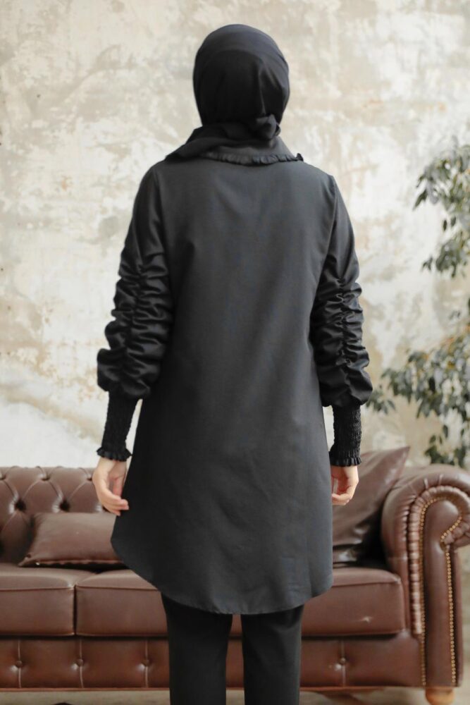 Neva Style - Kolları Büzgülü Siyah Tesettür Gömlek 10661S - 3