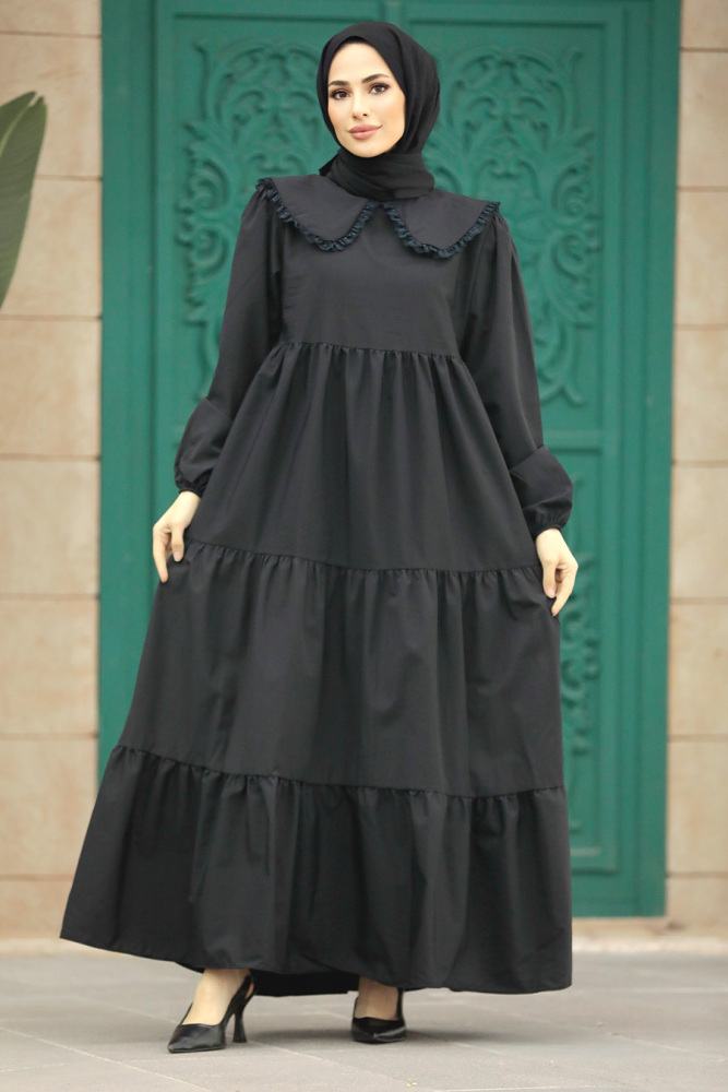  Bebe Yaka Siyah Tesettür Poplin Elbise 57343S - 5