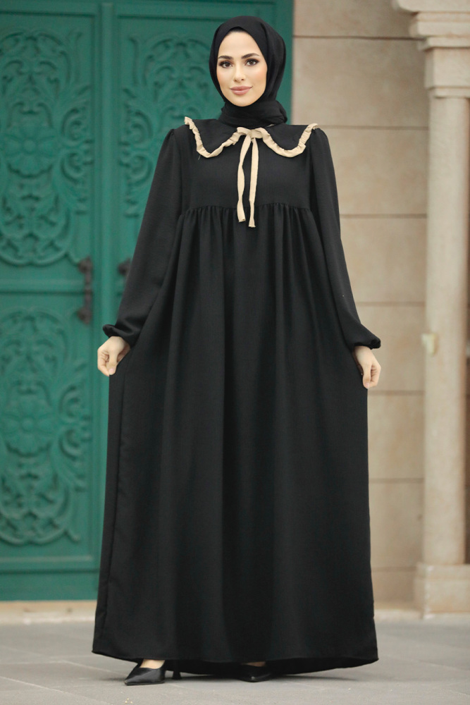 Neva Style - Bebe Yaka Siyah Tesettür Poplin Elbise 57344S - 1