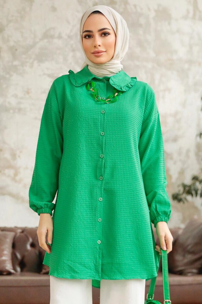 Neva Style - Bebe Yaka Yeşil Tesettür Gömlek 1114Y - NEVA STYLE