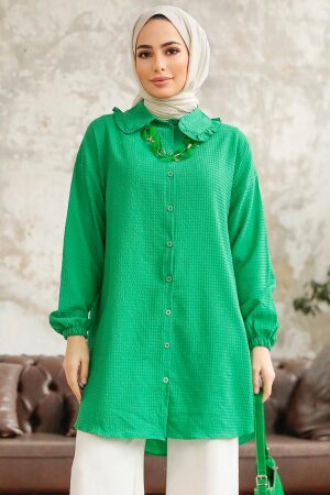 Neva Style - Bebe Yaka Yeşil Tesettür Gömlek 1114Y - 2