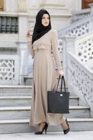 Neva Style - Beige Hijab Dress 3988BEJ - Thumbnail