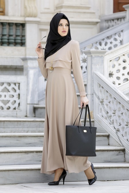 Neva Style - Beige Hijab Dress 3988BEJ