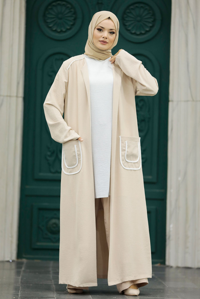 Beige Hijab For Women Kimono Triple Suit 80101BEJ - 2