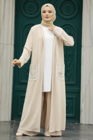 Neva Style - Beige Hijab For Women Kimono Triple Suit 80101BEJ - Thumbnail